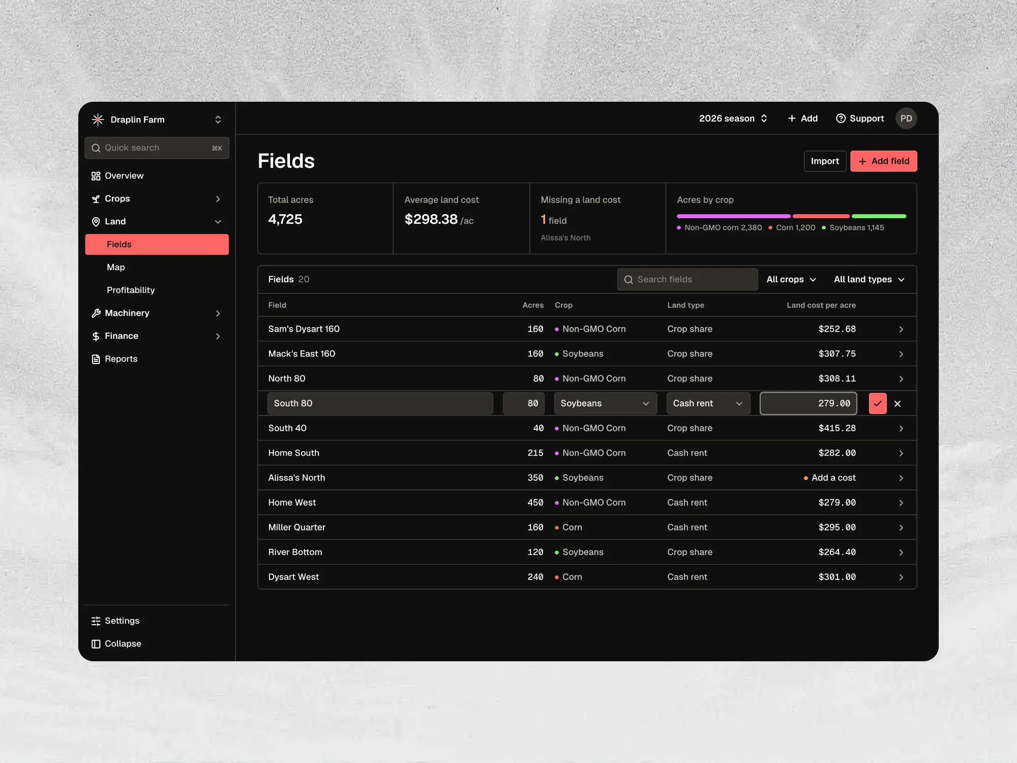 Beam's Fields page: total acres, average land cost and missing land cost metrics above a field list with one row open for editing.