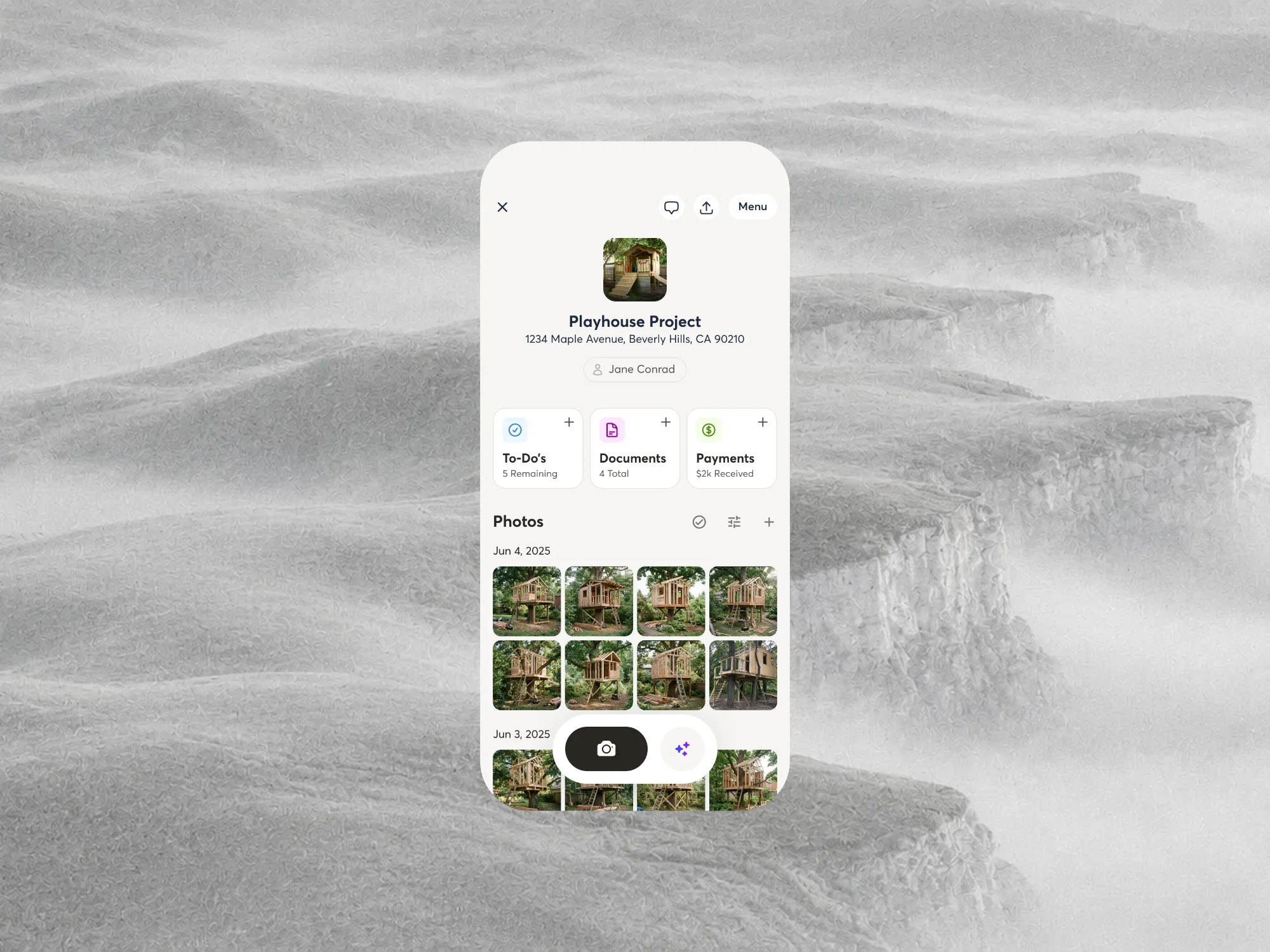 A CompanyCam project screen: cover photo, address and contact, To-dos, Documents and Payments cards, and photos grouped by date with the capture bar below.